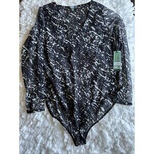 Terra & Sky Plus Size XL Mesh Bodysuit Long Sleeve Black White Abstract NWT
